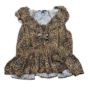 Old Navy Womens XL Leopard Print Ruffle Tie Neck Peplum Top 185